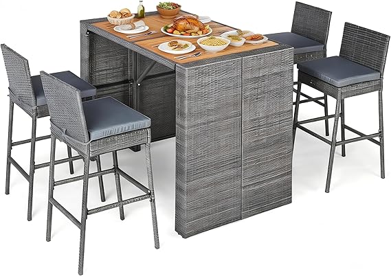5-Piece Outdoor Wicker Bar Set with Acacia Wood Table & Cushioned Stools