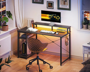 Gaming Desk with LED Lights, Monitor Stand & Side Shelf