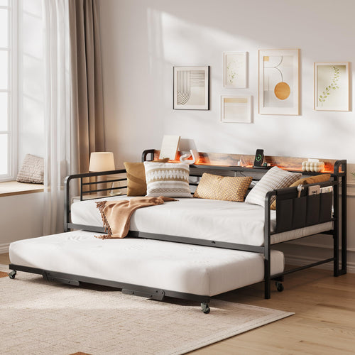 Twin Daybed with Pop-Up Trundle, RGB LED Headboard & Charging Station