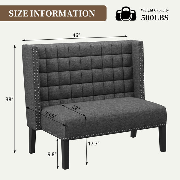Yongqiang Modern Tufted Loveseat Settee, Upholstered Bench with Back for Kitchen Dining Room Living Room, Linen High Back Banquette Seating Sofa Couch with Wood Legs Grey