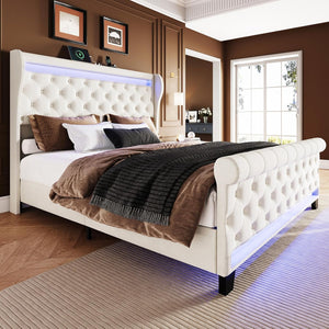 Upholstered Velvet Platform Bed Frame with LED Lights & Charging Ports