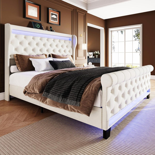 Upholstered Velvet Platform Bed Frame with LED Lights & Charging Ports