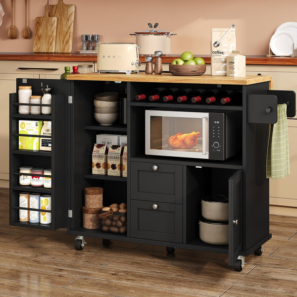 Rolling Kitchen Island with Storage, Drop-Leaf Countertop & Towel Rack