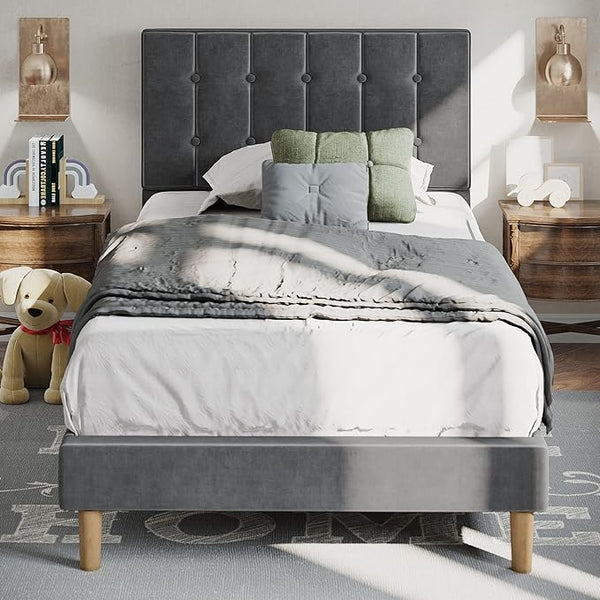 Twin Velvet Upholstered Platform Bed Frame with Headboard