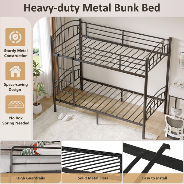 Twin Over Twin Bunk Bed Frame with Ladder & Guardrails