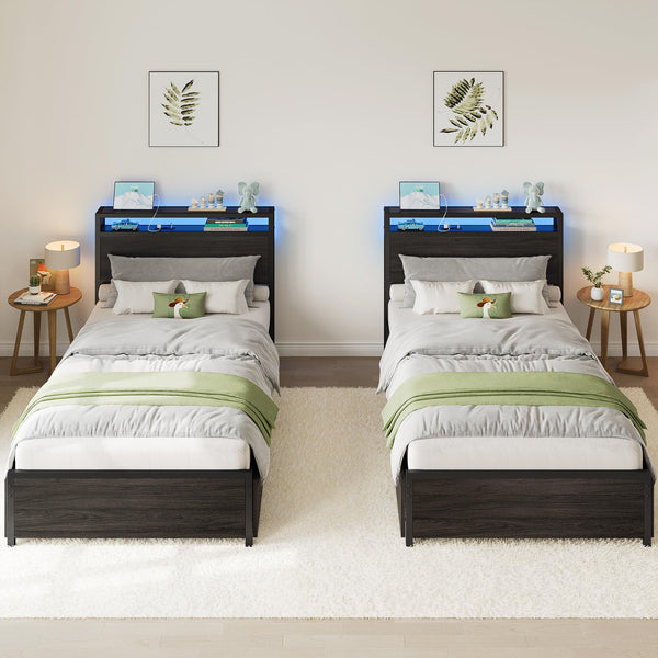 Twin XL Bed Frame with Storage Drawers, LED Light & Charging Station