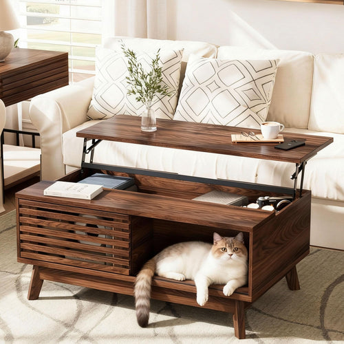 Lift Top Coffee Table with Storage & Sliding Door – Walnut Brown