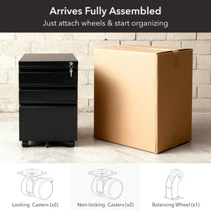 3-Drawer Rolling File Cabinet with Lock and Wheels