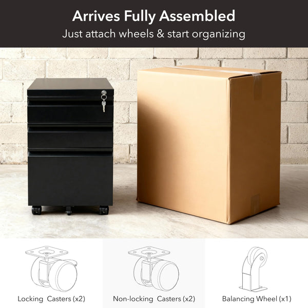 3-Drawer Rolling File Cabinet with Lock and Wheels