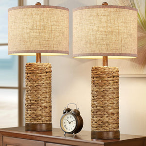 Natural Rattan Table Lamps Set of 2 with Linen Shade