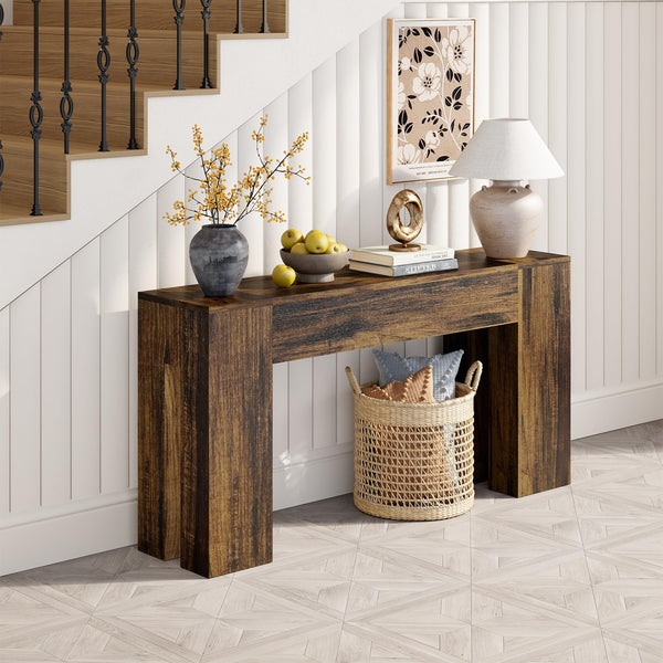 63-Inch Farmhouse Console Table with Wooden Double Base – Rustic Brown