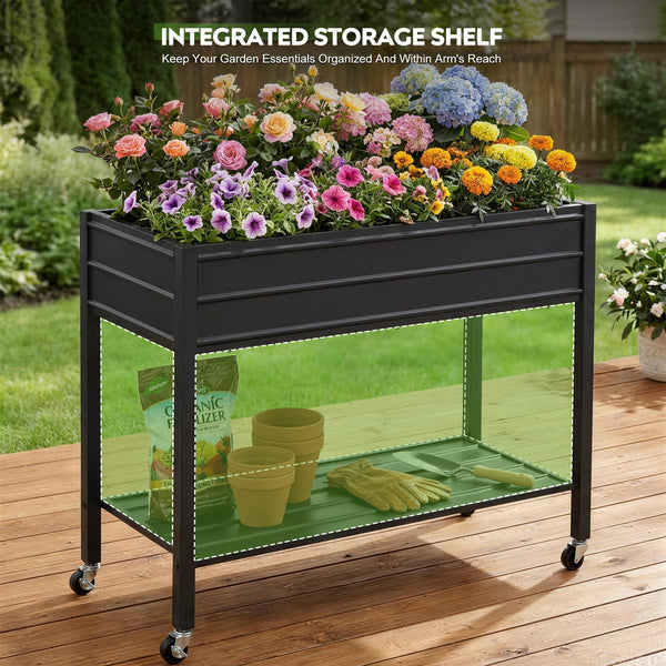 32" Tall Galvanized Raised Garden Bed with Wheels & Shelf