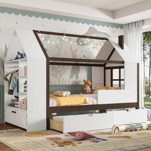 Twin Size House Platform Bed with Storage Drawers, Wardrobe & Shelves
