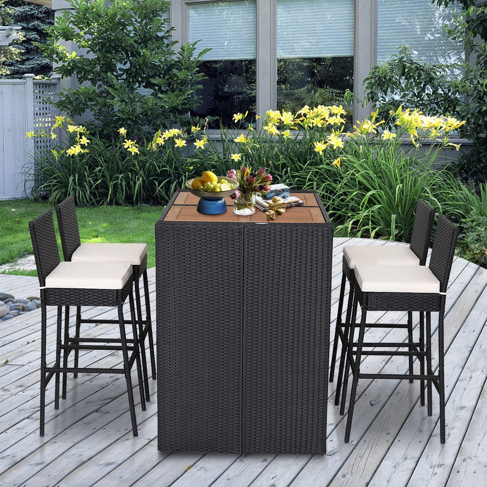 5-Piece Outdoor Wicker Bar Set with Acacia Wood Table & 4 Bar Stools
