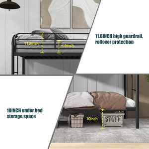 Twin Over Twin Metal Bunk Bed with Dual Ladders and Full-Length Guardrail