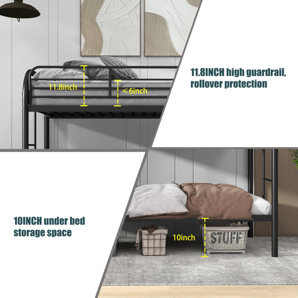 Twin Over Twin Metal Bunk Bed with Dual Ladders and Full-Length Guardrail