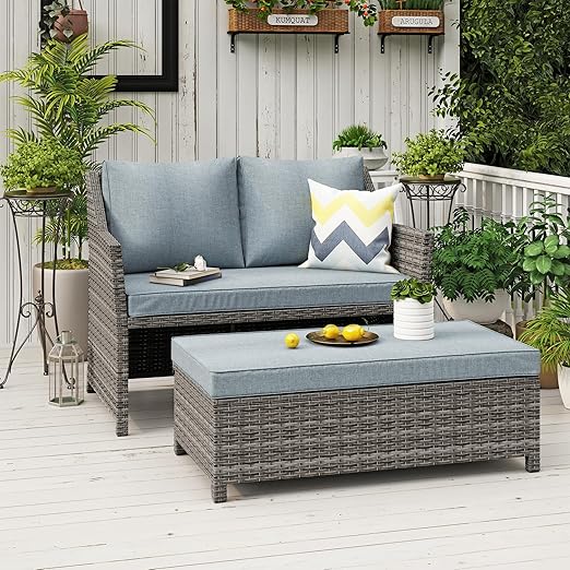 2-Piece Outdoor Wicker Loveseat & Coffee Table Set with Storage