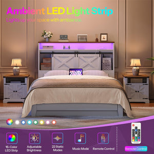 Queen Size Headboard with Storage, LED Lights & Charging Station