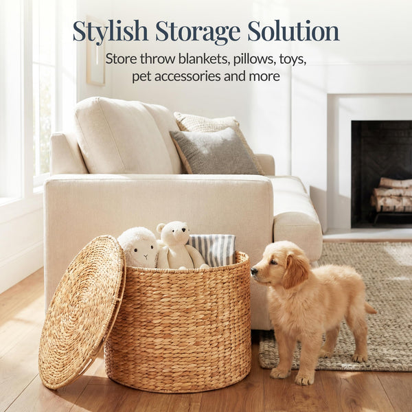 Round Water Hyacinth Storage Ottoman with Lid