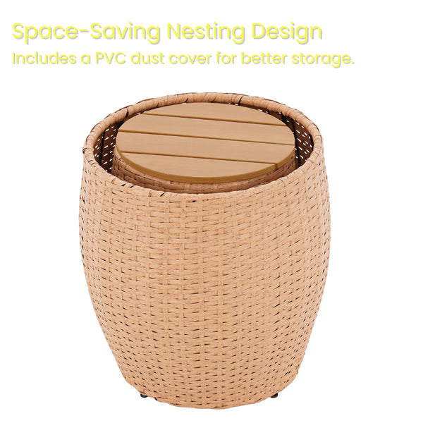 Wicker Round Patio Side Table Set of 2 with Storage