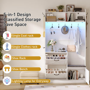 5-in-1 Entryway Hall Tree with Bench, Shoe Storage & LED Light