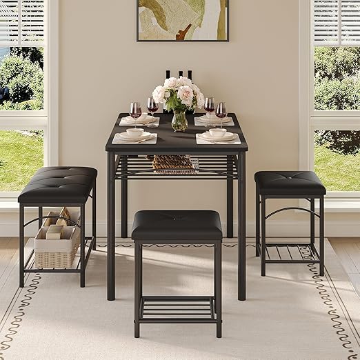 Dining Table Set for 4 with Benches & Stools