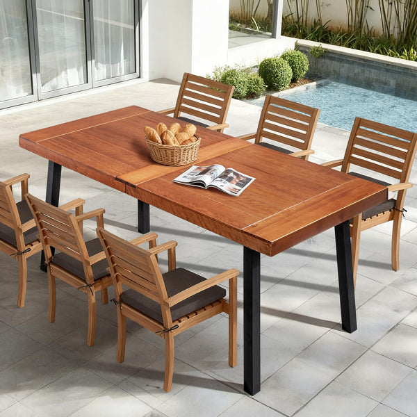 69-Inch Wood Patio Dining Table with Steel Legs, Seats 6