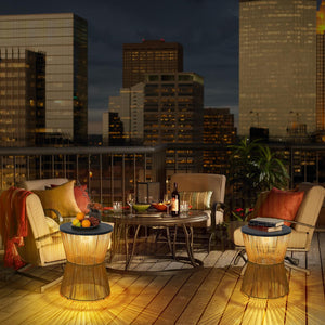 Solar Outdoor Side Table Set of 2 with Dimmable Light – Boho Rattan Patio End Tables