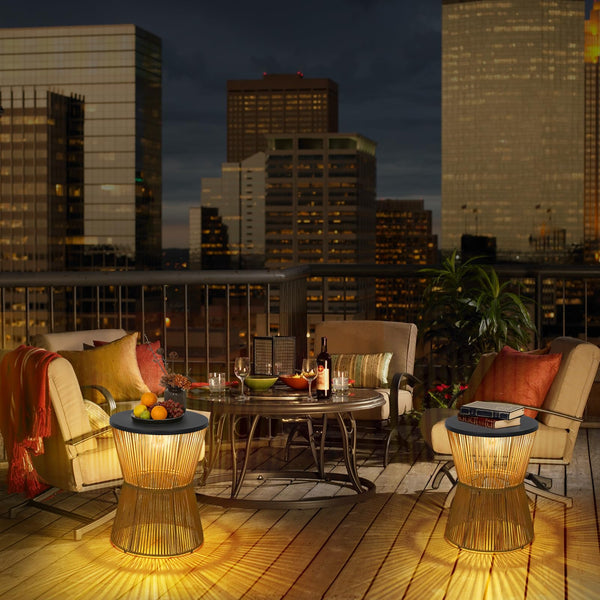 Solar Outdoor Side Table Set of 2 with Dimmable Light – Boho Rattan Patio End Tables