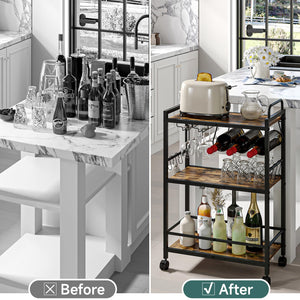 Rolling Bar Cart with Wine Rack & Glass Holder
