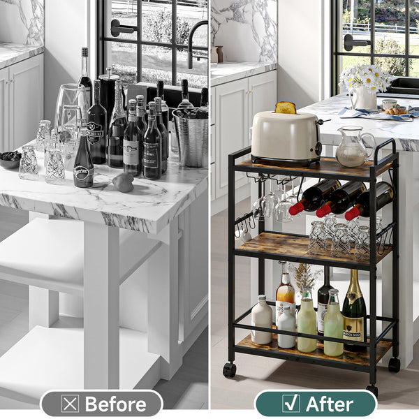 Rolling Bar Cart with Wine Rack & Glass Holder