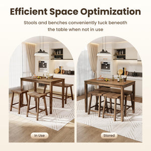 Counter Height Dining Table Set for 4 with Bench and Bar Stools – Solid Wood Farmhouse Kitchen Table