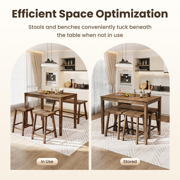 Counter Height Dining Table Set for 4 with Bench and Bar Stools – Solid Wood Farmhouse Kitchen Table