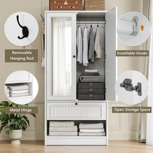 Wood Armoire Wardrobe with Mirror & Drawer