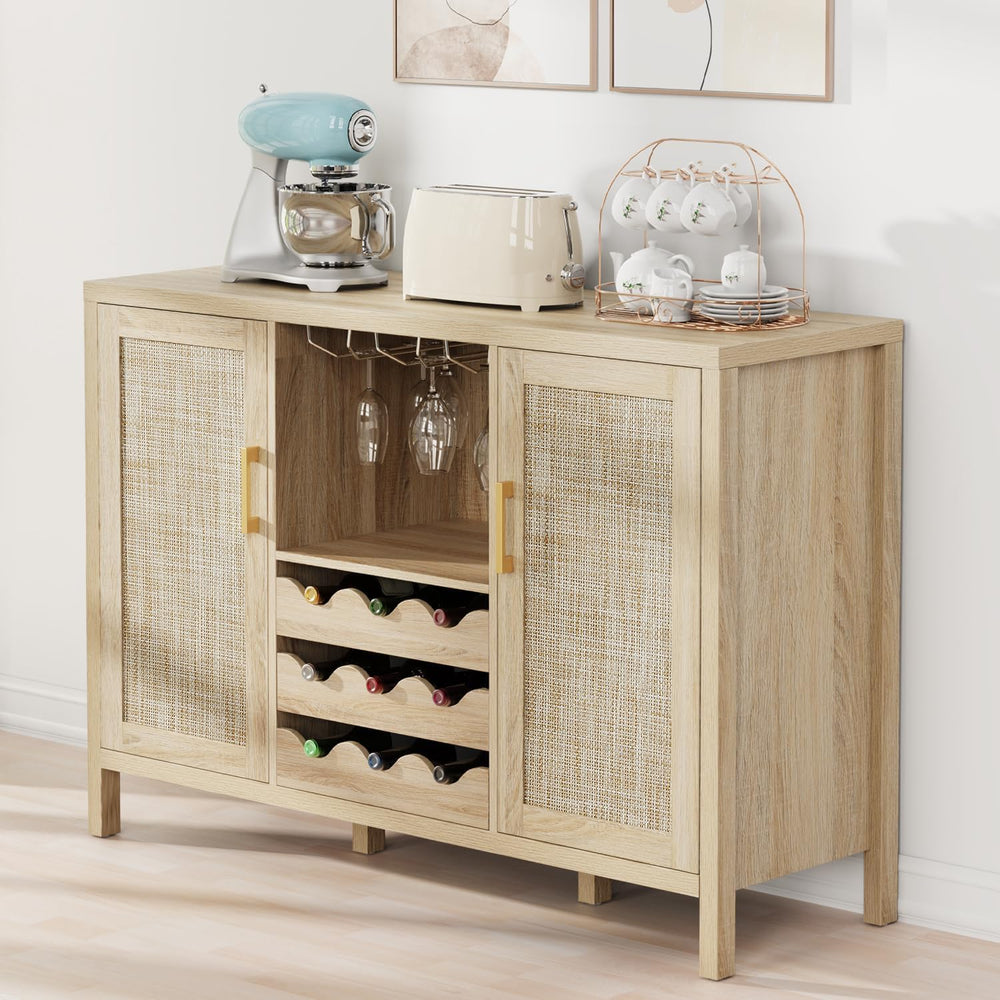 Rattan Wine Bar Cabinet with Glass Holder & Sideboard Storage