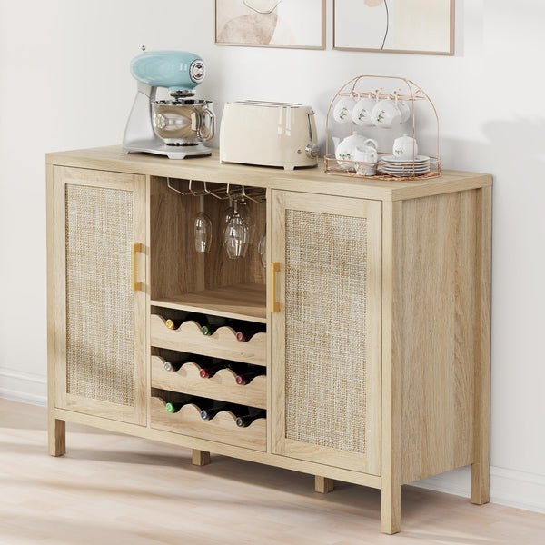 Rattan Wine Bar Cabinet with Glass Holder & Sideboard Storage