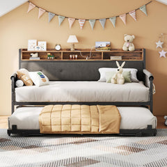 Twin Daybed with Trundle, Upholstered Headboard & Charging Station