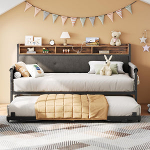 Twin Daybed with Trundle, Upholstered Headboard & Charging Station