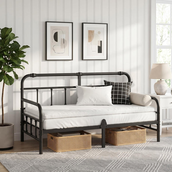Bednowitz 12 Inch Twin Metal Daybed Frame with Headboard, Sofa Bed for Living Room, Heavy Duty Twin Size Day Bed for Bedroom Guest Room, Easy Assembly, Black