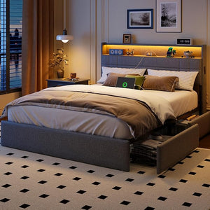 Upholstered Platform Bed Frame with Storage Drawers, LED Lights & Charging Station