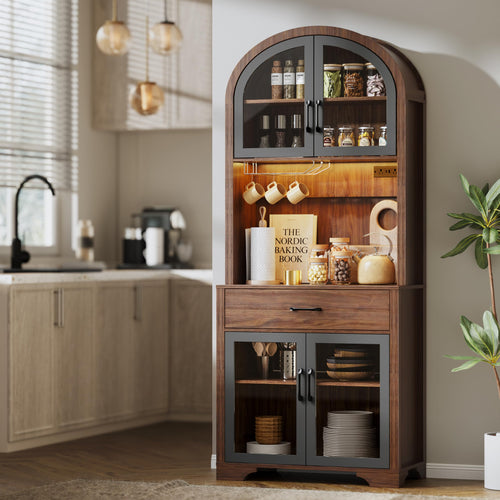 75" Tall Arched Pantry Cabinet with LED & Charging Station