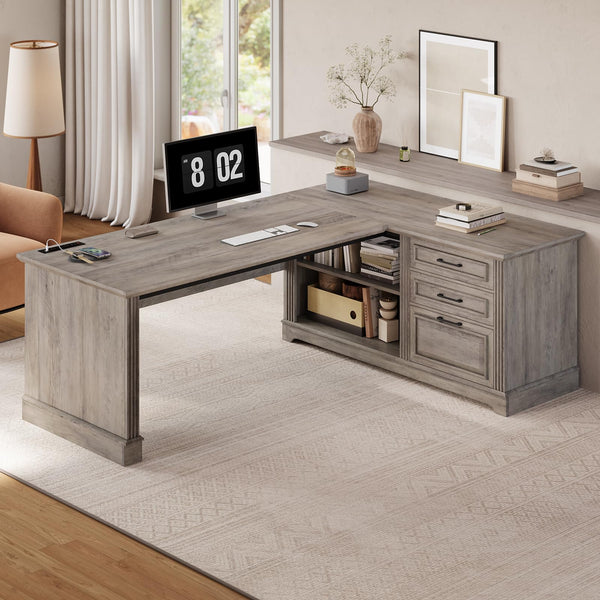 L-Shaped Executive Desk with File Drawers & Power Outlets