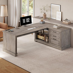 L-Shaped Farmhouse Desk with Drawers & Power Outlets