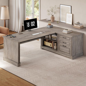 L-Shaped Farmhouse Desk with Drawers & Power Outlets