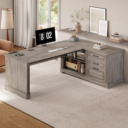 L-Shaped Farmhouse Desk with Drawers & Power Outlets