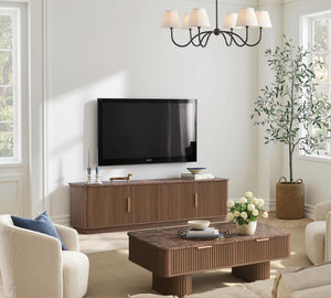 Fluted Coffee Table with Storage & Faux Marble Top