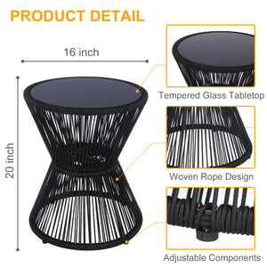 Woven Rope Outdoor Side Table with Tempered Glass Top