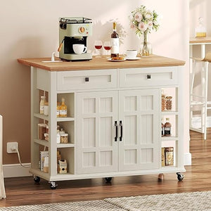 Rolling Kitchen Island with Drop Leaf & Power Outlet