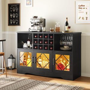 Bar Cabinet with LED Lighting, Wine Rack & Power Outlet