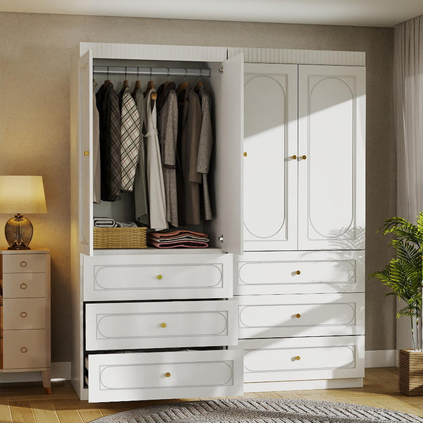 Fluted Door Wardrobe with Drawers & Hanging Rod